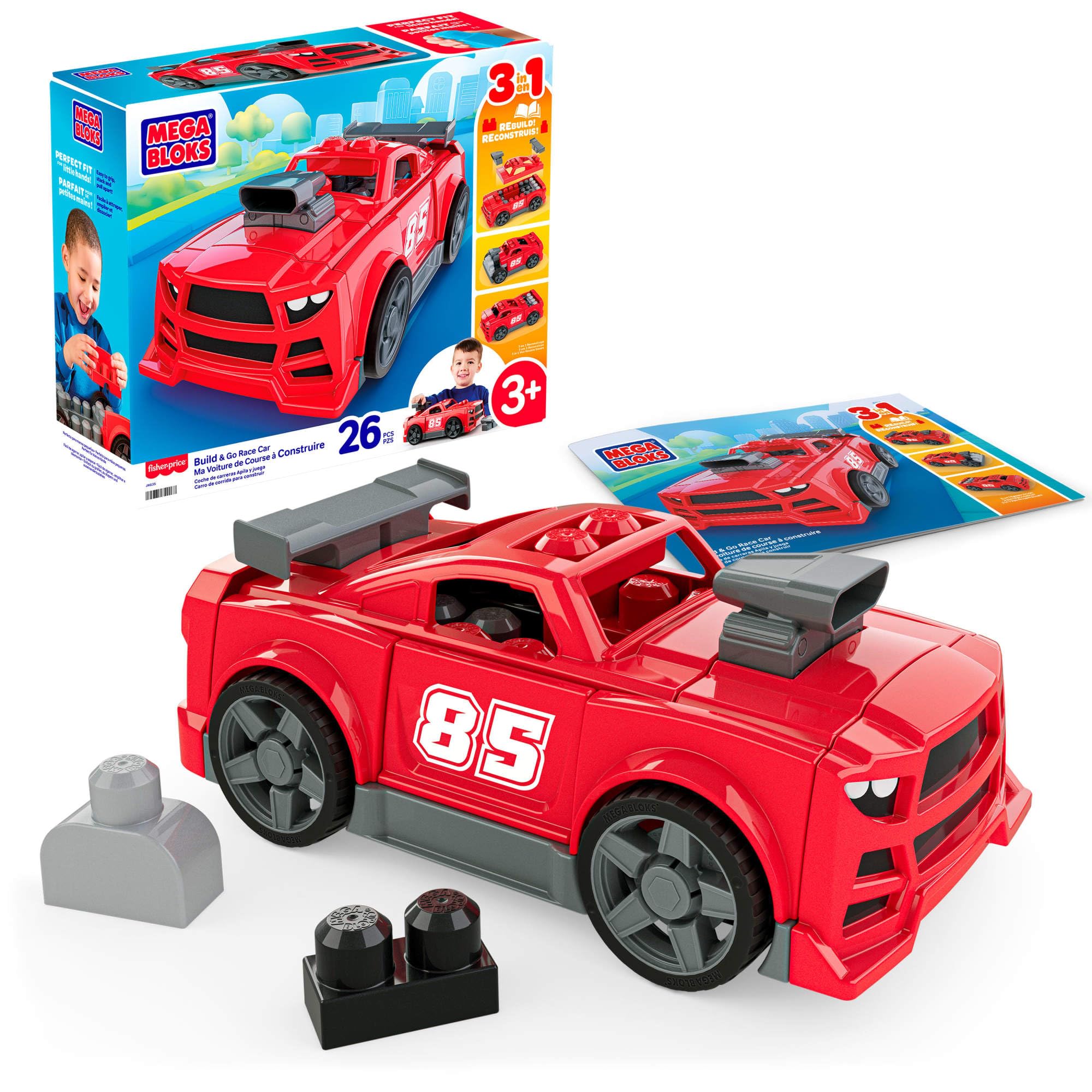 Mega BLOKS Ma Voiture de Course à Construire, Coffret de Construction 3 en 1 pour Les Tout-Petits (constructions alternatives : Un Pick-up ou Un Hot Rod), avec 26 éléments et des Roues, JKG35