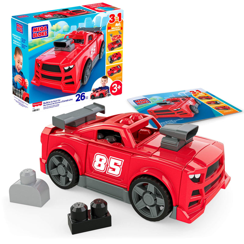 Mega BLOKS Ma Voiture de Course à Construire, Coffret de Construction 3 en 1 pour Les Tout-Petits (constructions alternatives : Un Pick-up ou Un Hot Rod), avec 26 éléments et des Roues, JKG35