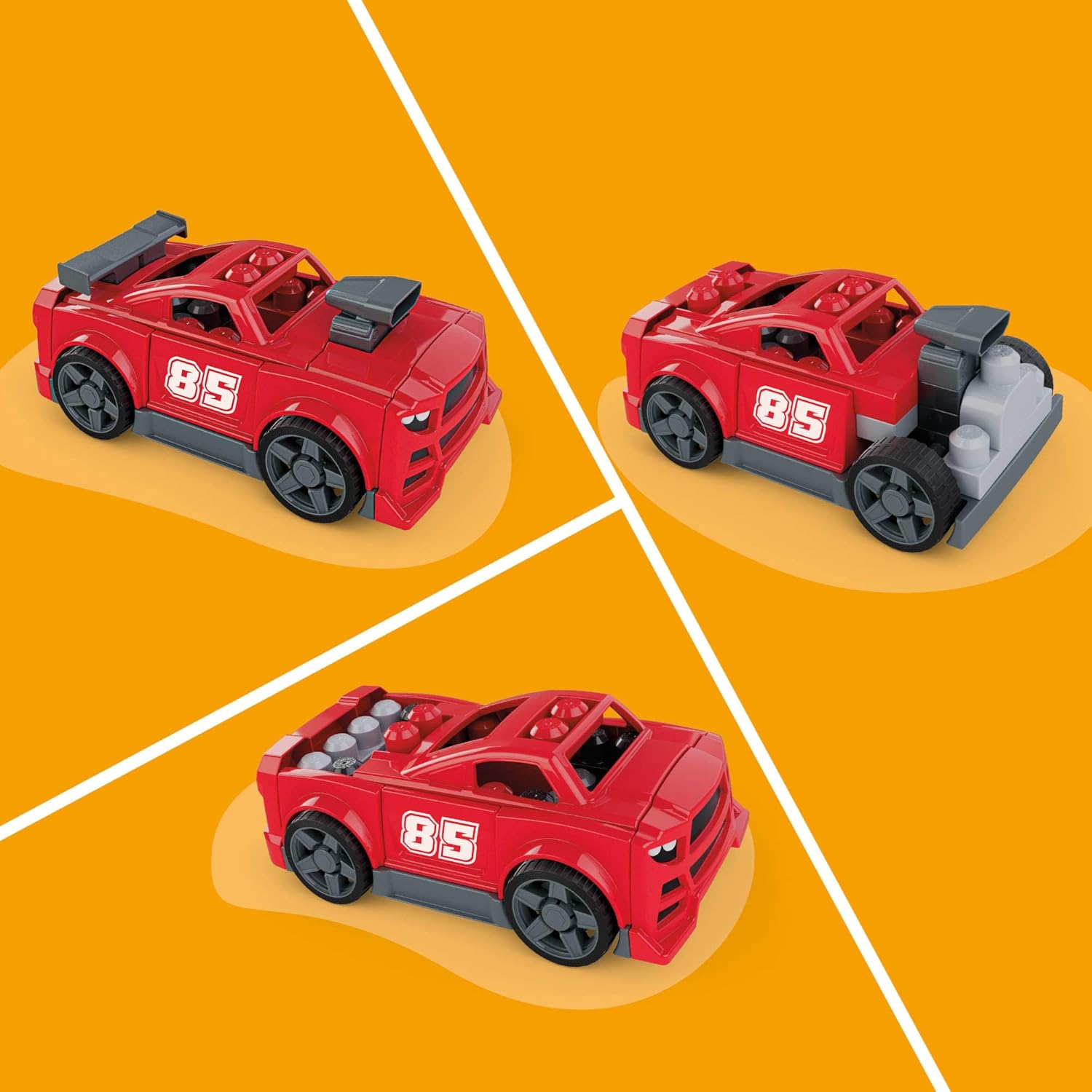 Mega BLOKS Ma Voiture de Course à Construire, Coffret de Construction 3 en 1 pour Les Tout-Petits (constructions alternatives : Un Pick-up ou Un Hot Rod), avec 26 éléments et des Roues, JKG35