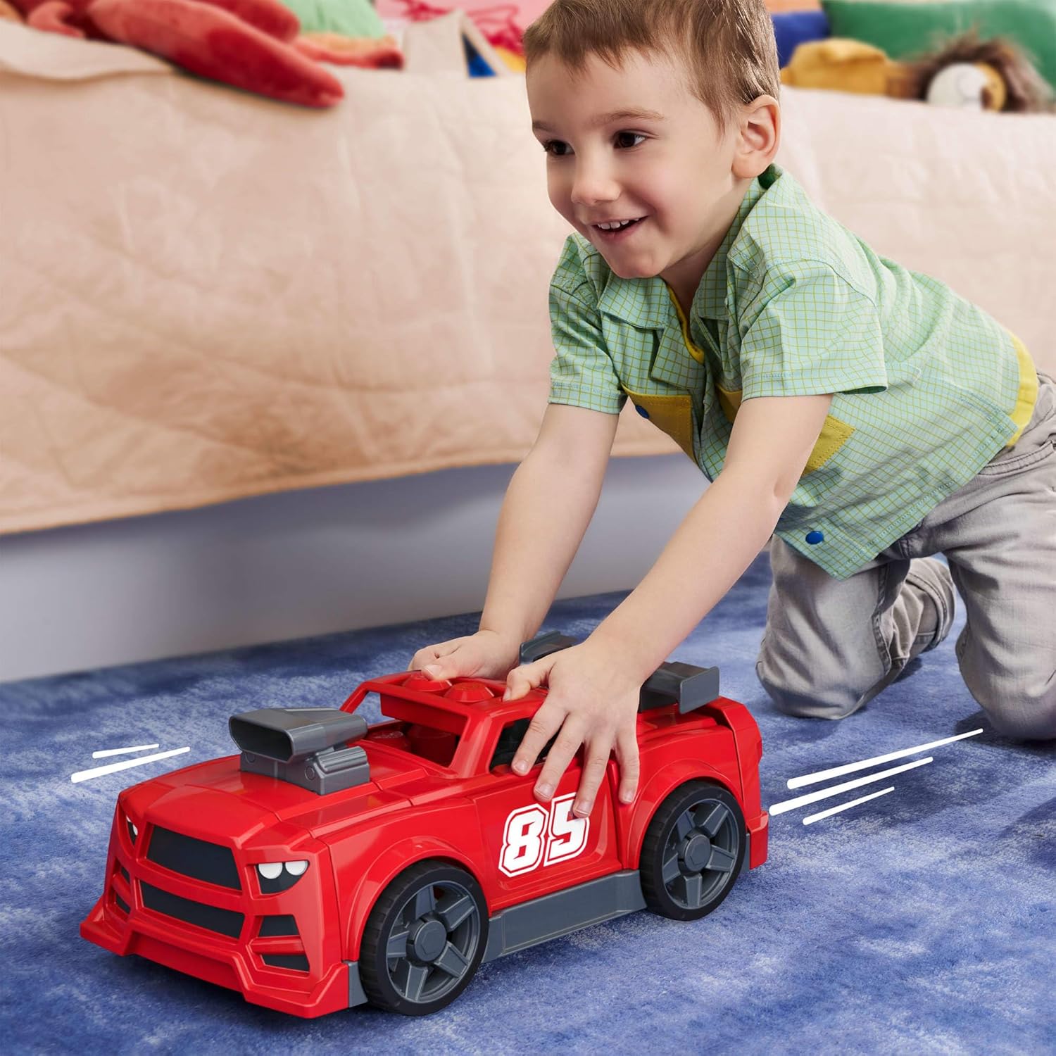 Mega BLOKS Ma Voiture de Course à Construire, Coffret de Construction 3 en 1 pour Les Tout-Petits (constructions alternatives : Un Pick-up ou Un Hot Rod), avec 26 éléments et des Roues, JKG35