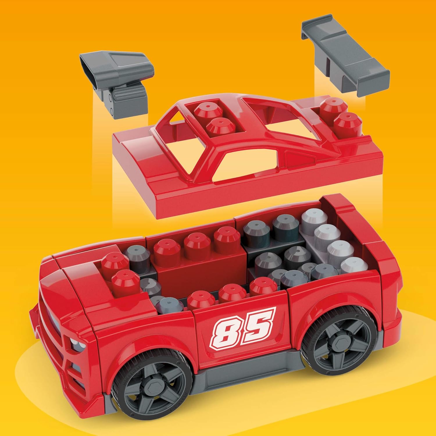 Mega BLOKS Ma Voiture de Course à Construire, Coffret de Construction 3 en 1 pour Les Tout-Petits (constructions alternatives : Un Pick-up ou Un Hot Rod), avec 26 éléments et des Roues, JKG35