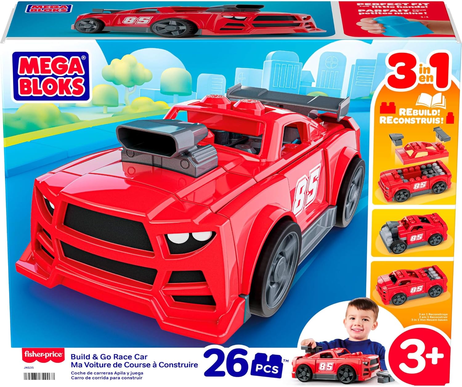 Mega BLOKS Ma Voiture de Course à Construire, Coffret de Construction 3 en 1 pour Les Tout-Petits (constructions alternatives : Un Pick-up ou Un Hot Rod), avec 26 éléments et des Roues, JKG35