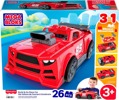 Mega BLOKS Ma Voiture de Course à Construire, Coffret de Construction 3 en 1 pour Les Tout-Petits (constructions alternatives : Un Pick-up ou Un Hot Rod), avec 26 éléments et des Roues, JKG35