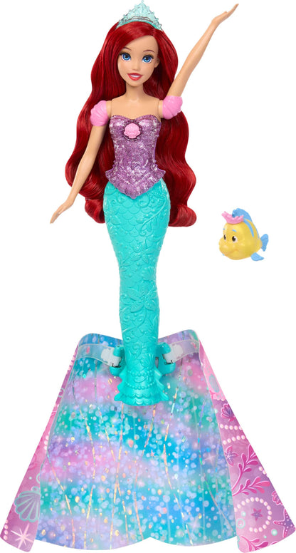 Mattel Disney Princess Arielle-Modepuppe, Verwandlung von Mensch zu Meerjungfrau mit Fabius-Figur und 2 Diademen, vom Film inspiriert, JLK19