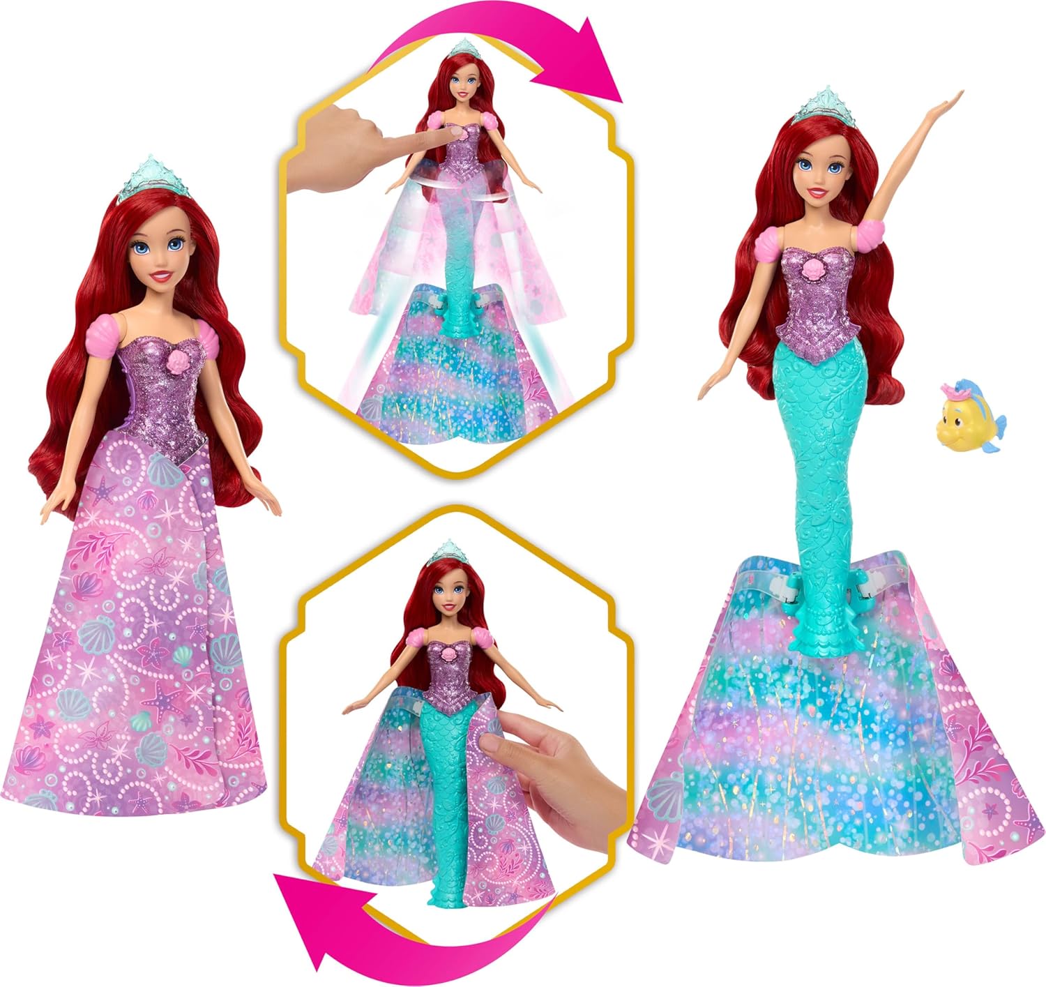 Mattel Disney Princess Arielle-Modepuppe, Verwandlung von Mensch zu Meerjungfrau mit Fabius-Figur und 2 Diademen, vom Film inspiriert, JLK19