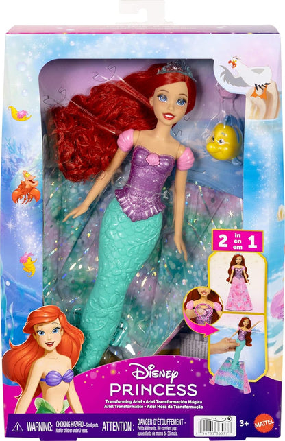 Mattel Disney Princess Arielle-Modepuppe, Verwandlung von Mensch zu Meerjungfrau mit Fabius-Figur und 2 Diademen, vom Film inspiriert, JLK19