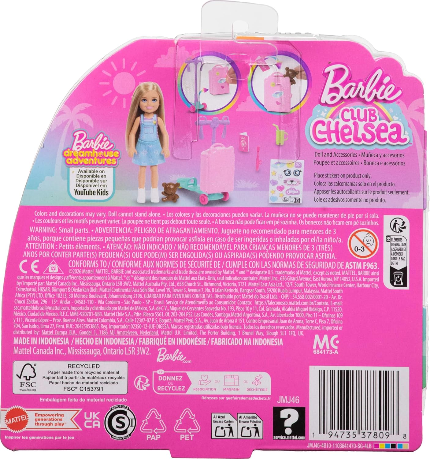 Barbie Chelsea, „Grenzenlose Abenteuer“-Reihe, Blonde Puppe, fahrbarer Roller mit Koffer und Zubehörteile rund ums Reisen, JMJ46