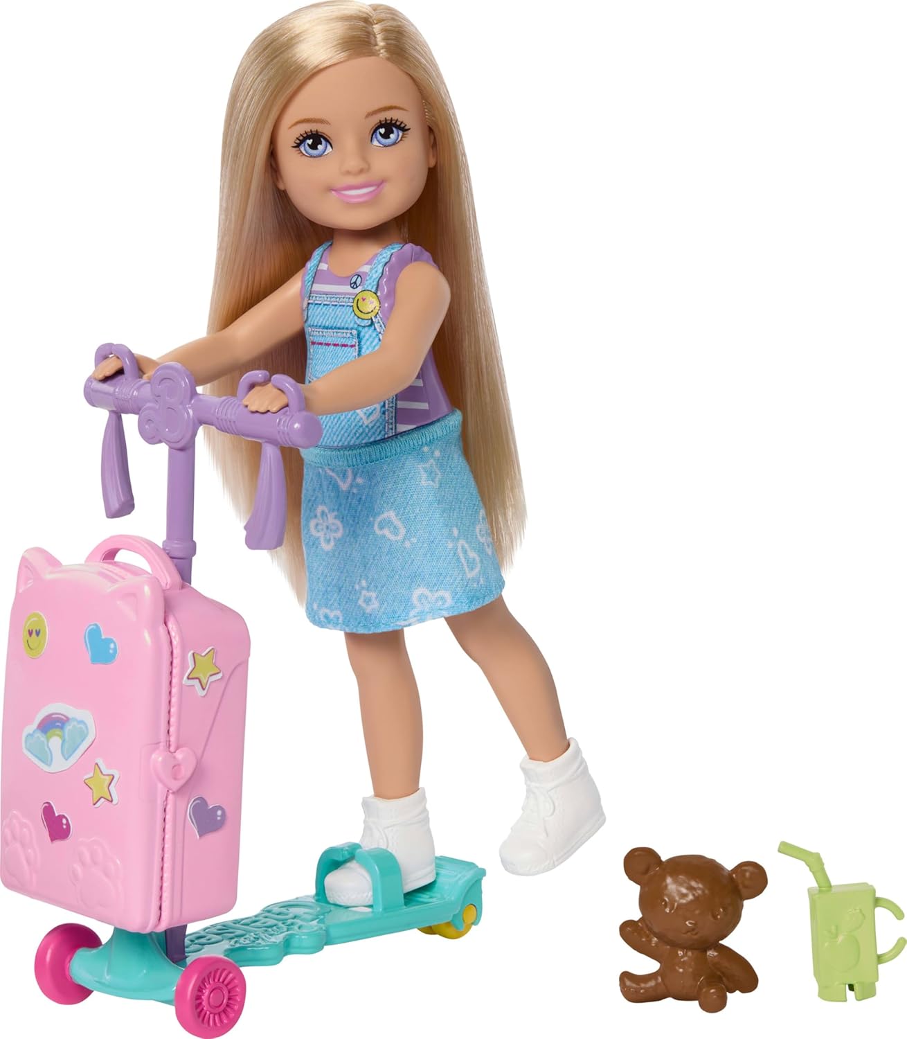Barbie Chelsea, „Grenzenlose Abenteuer“-Reihe, Blonde Puppe, fahrbarer Roller mit Koffer und Zubehörteile rund ums Reisen, JMJ46
