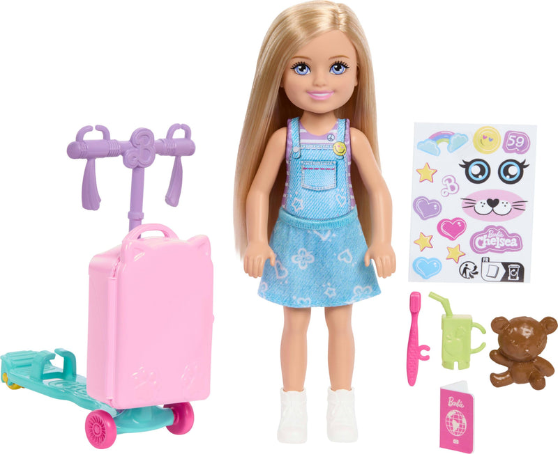 Barbie Chelsea, „Grenzenlose Abenteuer“-Reihe, Blonde Puppe, fahrbarer Roller mit Koffer und Zubehörteile rund ums Reisen, JMJ46
