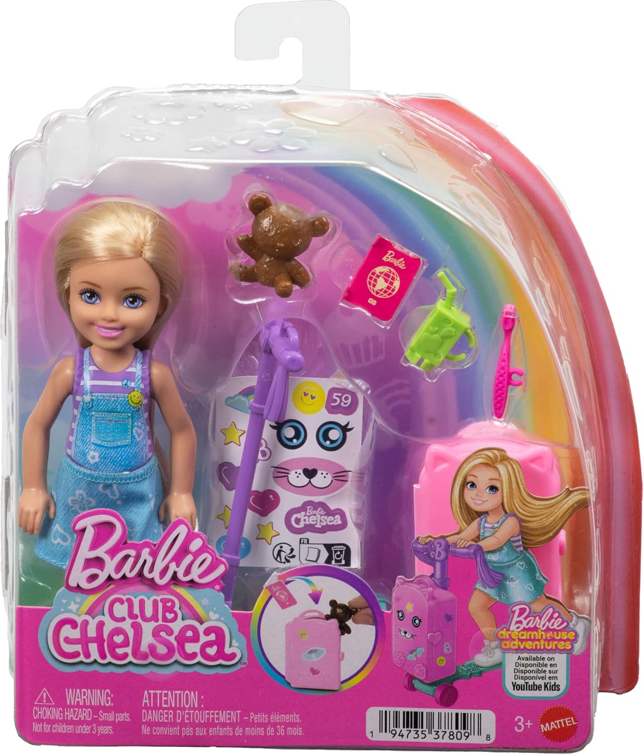 Barbie Chelsea, „Grenzenlose Abenteuer“-Reihe, Blonde Puppe, fahrbarer Roller mit Koffer und Zubehörteile rund ums Reisen, JMJ46