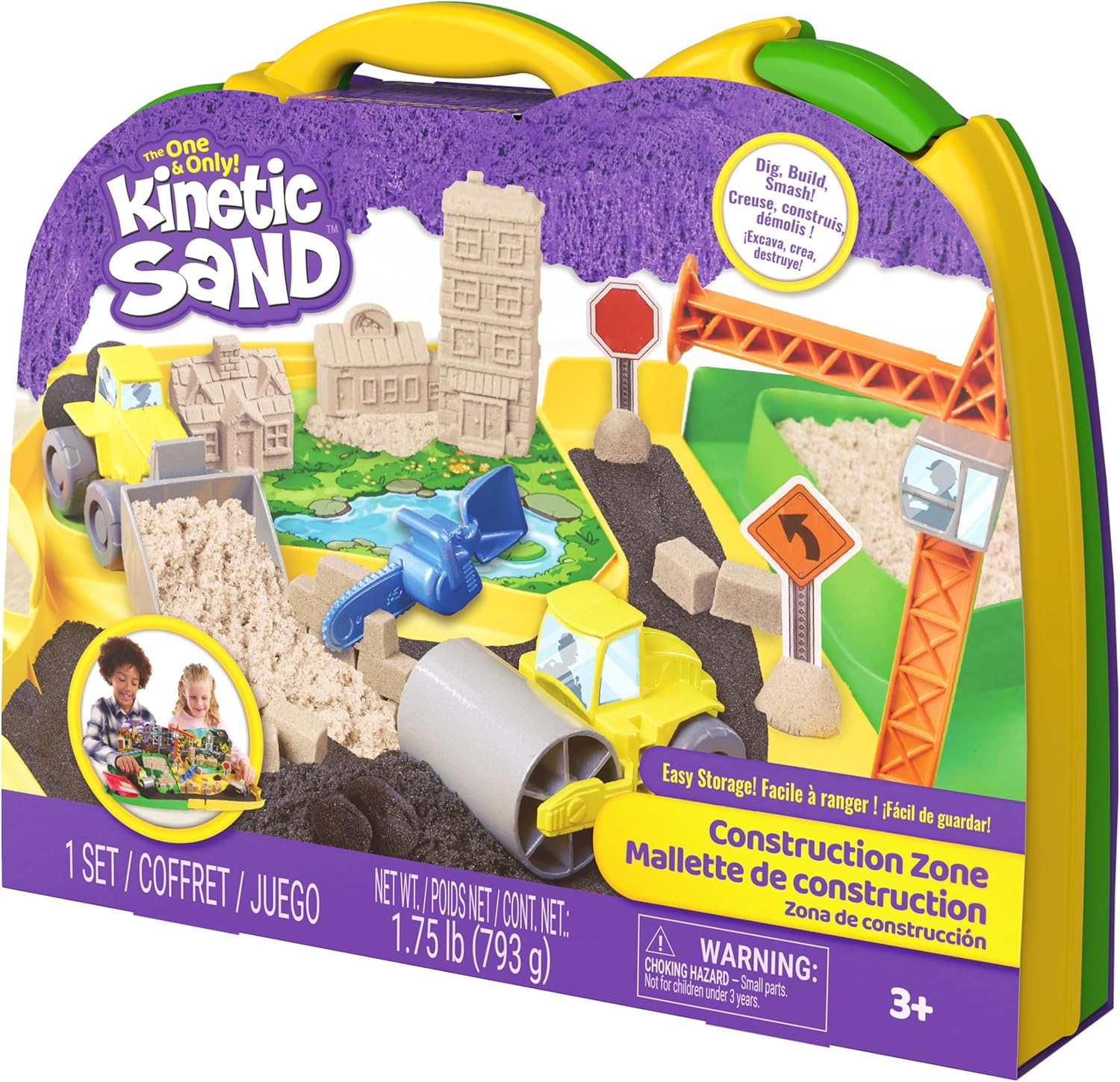 Kinetic Sand Deluxe Baustellen-Koffer ‒ mit 794 g kinetischem Sand aus Schweden, erfüllt alle geltenden Sicherheitsrichtlinien, Indoorspiel mit Baustellenfahrzeugen und Zubehör, für Kinder ab 3 Jahren