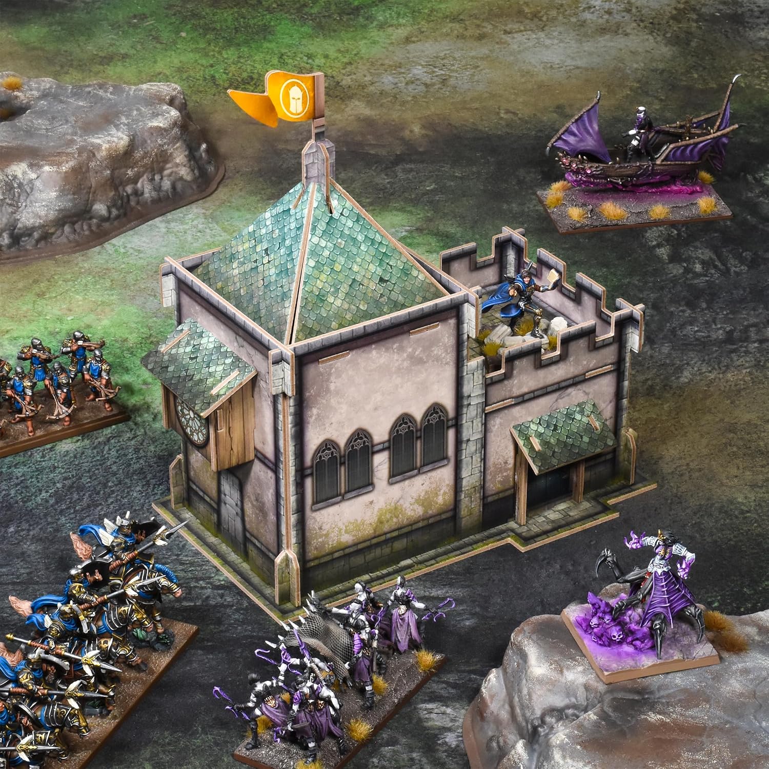 Terrain Crate Village Buildings Pack | 3 Fantasy Card Terrain Buildings | Chapel, Cottage & Townhouse | Compatible with Warhammer Age of Sigmar, Kings of War & More | 28-32mm Scale