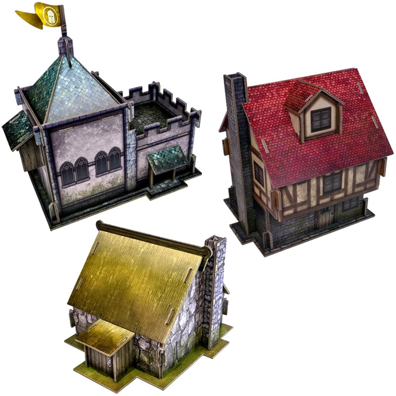 Terrain Crate Village Buildings Pack | 3 Fantasy Card Terrain Buildings | Chapel, Cottage & Townhouse | Compatible with Warhammer Age of Sigmar, Kings of War & More | 28-32mm Scale