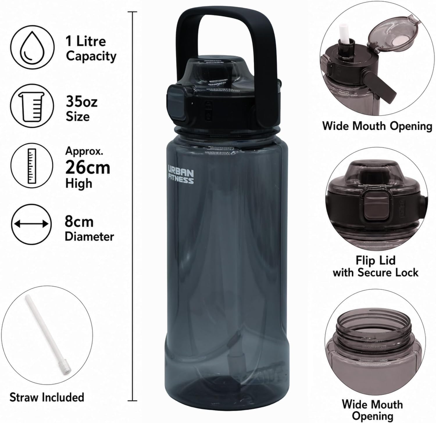 VitalFlow Water Bottle, 1000ml BPA Free Tritan Reusable Sports Bottle with Straw, Leakproof Flip Lid and Carry Handle for Gym, Work and Travel