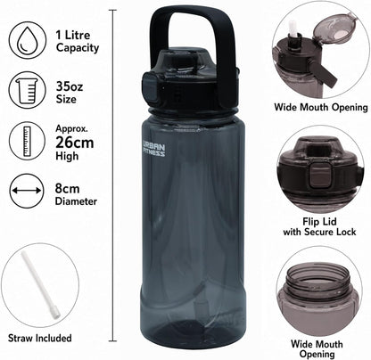 VitalFlow Water Bottle, 1000ml BPA Free Tritan Reusable Sports Bottle with Straw, Leakproof Flip Lid and Carry Handle for Gym, Work and Travel