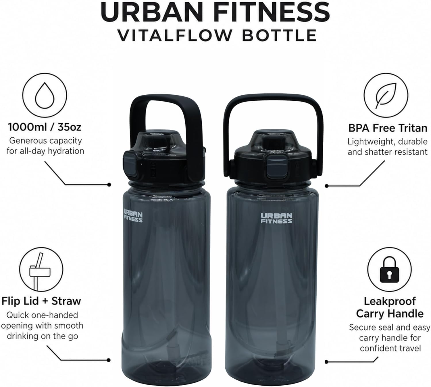 VitalFlow Water Bottle, 1000ml BPA Free Tritan Reusable Sports Bottle with Straw, Leakproof Flip Lid and Carry Handle for Gym, Work and Travel