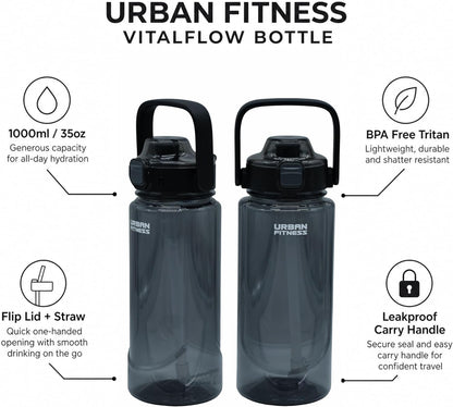 VitalFlow Water Bottle, 1000ml BPA Free Tritan Reusable Sports Bottle with Straw, Leakproof Flip Lid and Carry Handle for Gym, Work and Travel