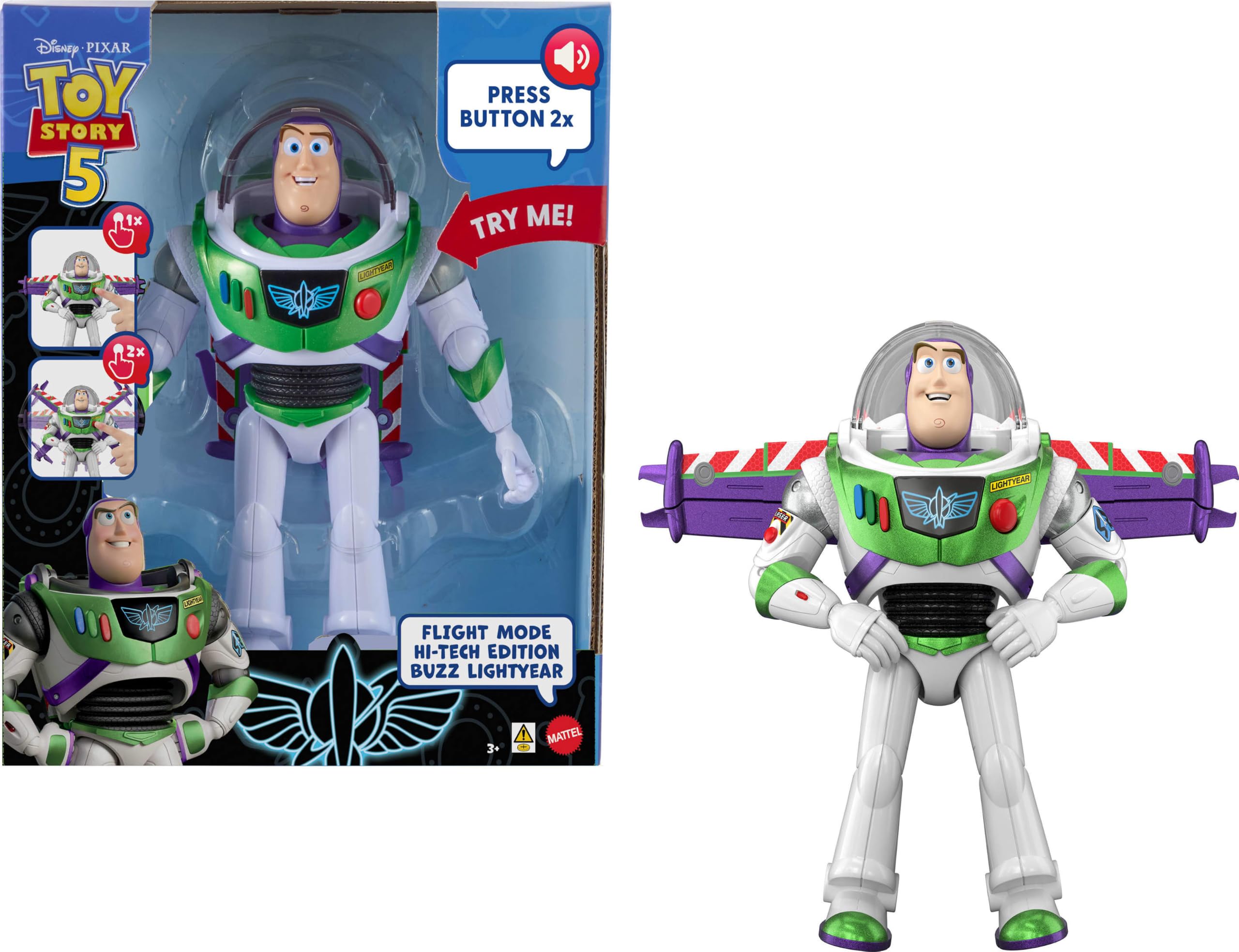 Mattel Disney and Pixar Toy Story 5 Flight Mode Hi-TechBuzz Lightyear | Movable Wing Activation, 12-inch Toy Figure, 35+ Sounds & Movie Phrases