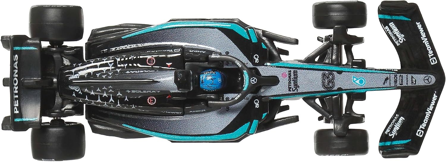 Hot Wheels Premium Formula 1 Toy Cars, 2 1:64 Scale Mercedes-AMG PETRONAS Formula 1 Team Racecars of George Russell & Kimi Antonelli, JMM93