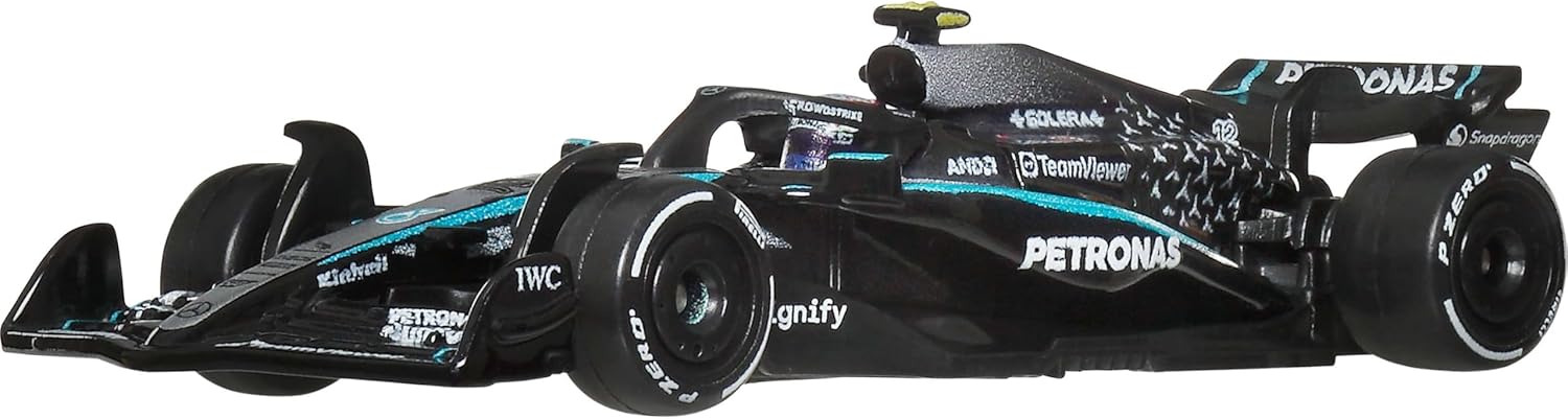 Hot Wheels Premium Formula 1 Toy Cars, 2 1:64 Scale Mercedes-AMG PETRONAS Formula 1 Team Racecars of George Russell & Kimi Antonelli, JMM93