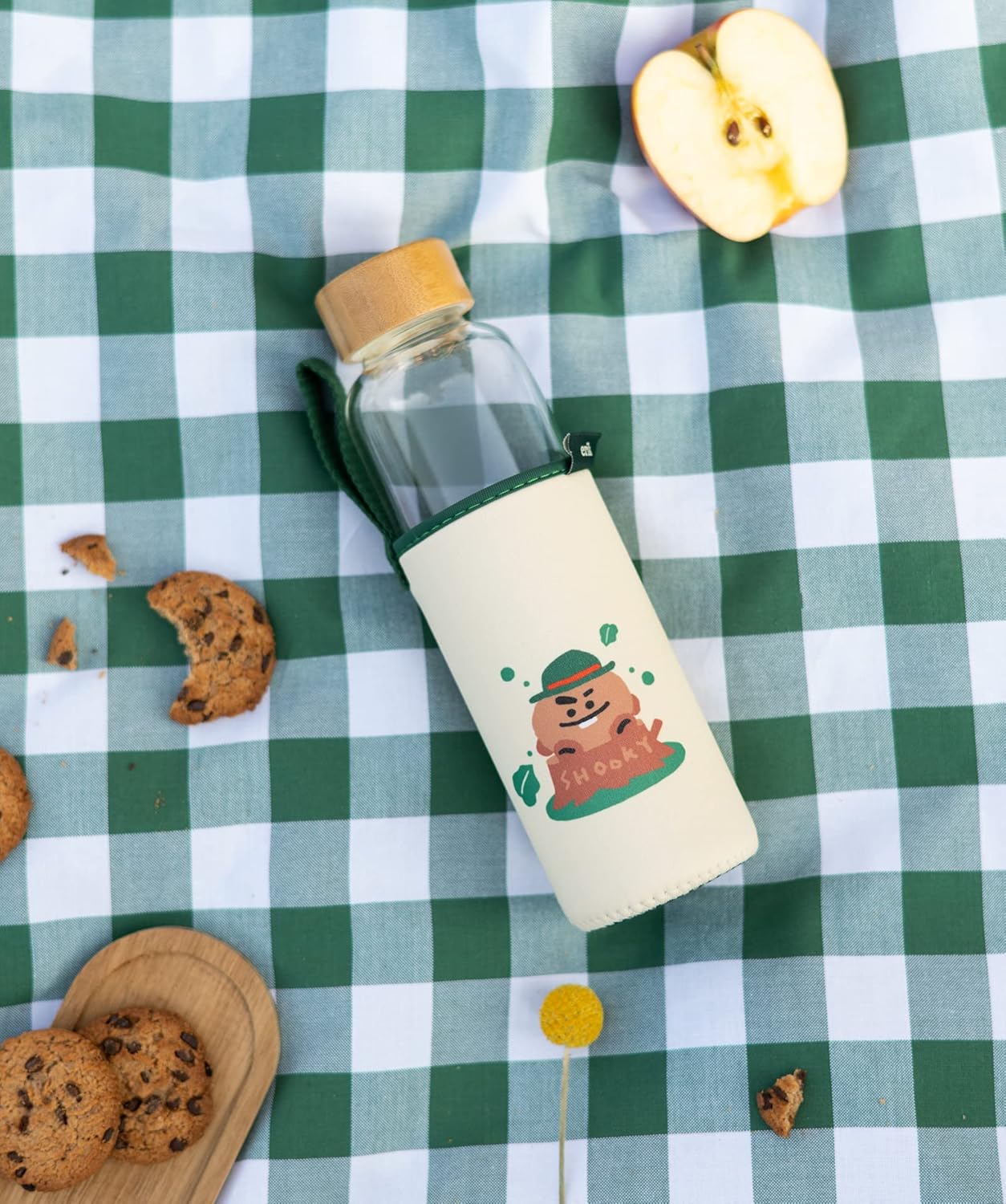 Grupo Erik Trinkflasche 500 ml Glas - GYM FlascheBT21 Shooky Glasflasche 500 ml - Sportflasche Kinder - Wasserflasche Glas - BTS Fanartikel Offizieller BTS Merch