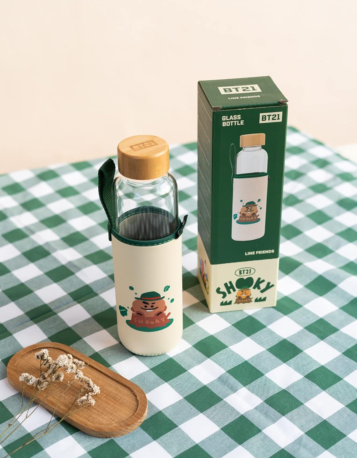 Grupo Erik Trinkflasche 500 ml Glas - GYM FlascheBT21 Shooky Glasflasche 500 ml - Sportflasche Kinder - Wasserflasche Glas - BTS Fanartikel Offizieller BTS Merch