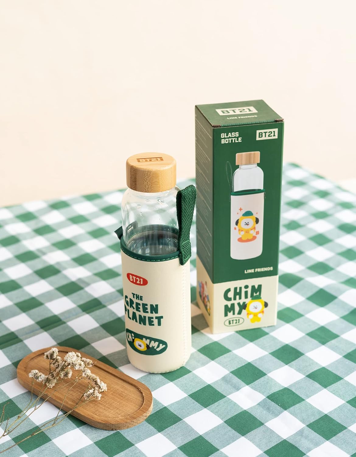 Grupo Erik Trinkflasche 500 ml Glas - GYM FlascheBT21 Chimmy Glasflasche 500 ml - Sportflasche Kinder - Wasserflasche Glas - BTS Fanartikel Offizieller BTS Merch