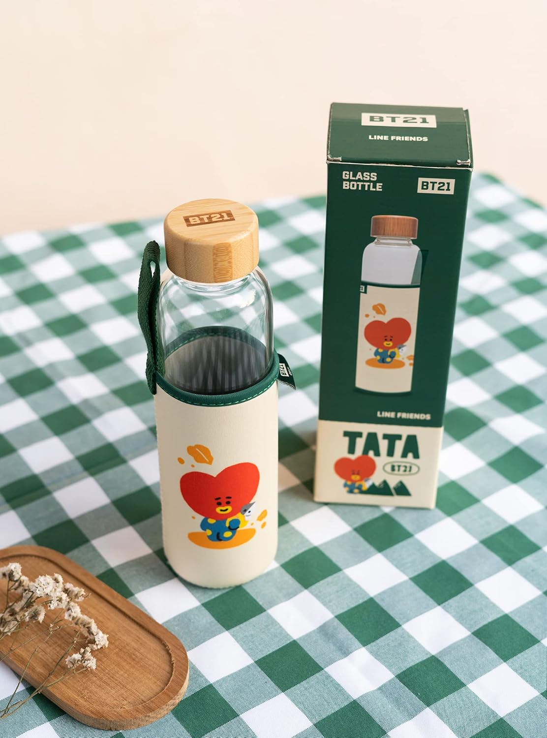 Grupo Erik Trinkflasche 500 ml Glas - GYM FlascheBT21 Tata Glasflasche 500 ml - Sportflasche Kinder - Wasserflasche Glas - BTS Fanartikel Offizieller BTS Merch