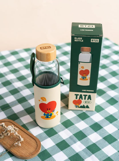 Grupo Erik Trinkflasche 500 ml Glas - GYM FlascheBT21 Tata Glasflasche 500 ml - Sportflasche Kinder - Wasserflasche Glas - BTS Fanartikel Offizieller BTS Merch