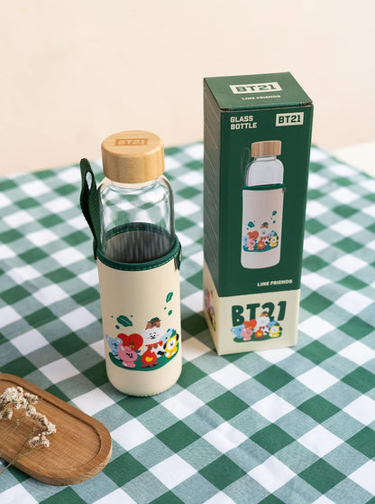 Grupo Erik Trinkflasche 500 ml Glas - GYM FlascheBT21 Glasflasche 500 ml - Sportflasche Kinder - Wasserflasche Glas - BTS Fanartikel Offizieller BTS Merch