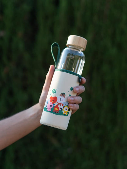 Grupo Erik Trinkflasche 500 ml Glas - GYM FlascheBT21 Glasflasche 500 ml - Sportflasche Kinder - Wasserflasche Glas - BTS Fanartikel Offizieller BTS Merch