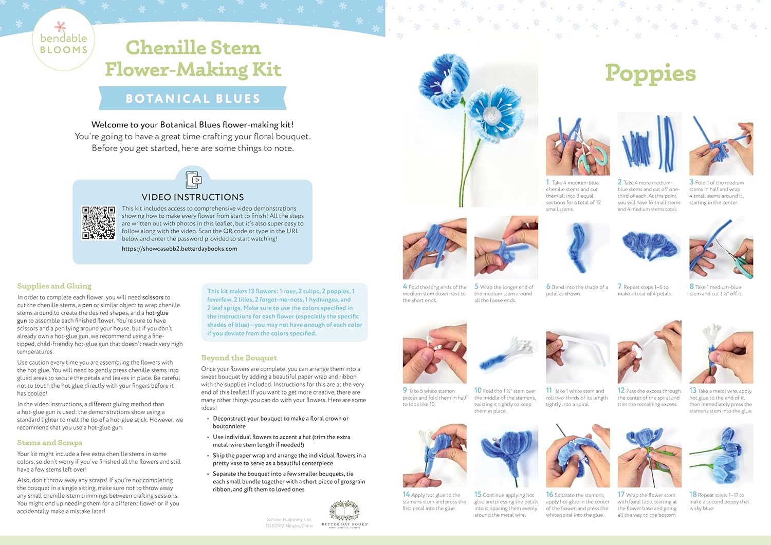 Bendable Blooms Chenille Stem Flower-Making Kit Botanical Blues: Everything You Need to Make a Beautiful Floral Bouquet: Over 140 Chenille Stems with ... Grosgrain Ribbon, and an Instruction Leaflet