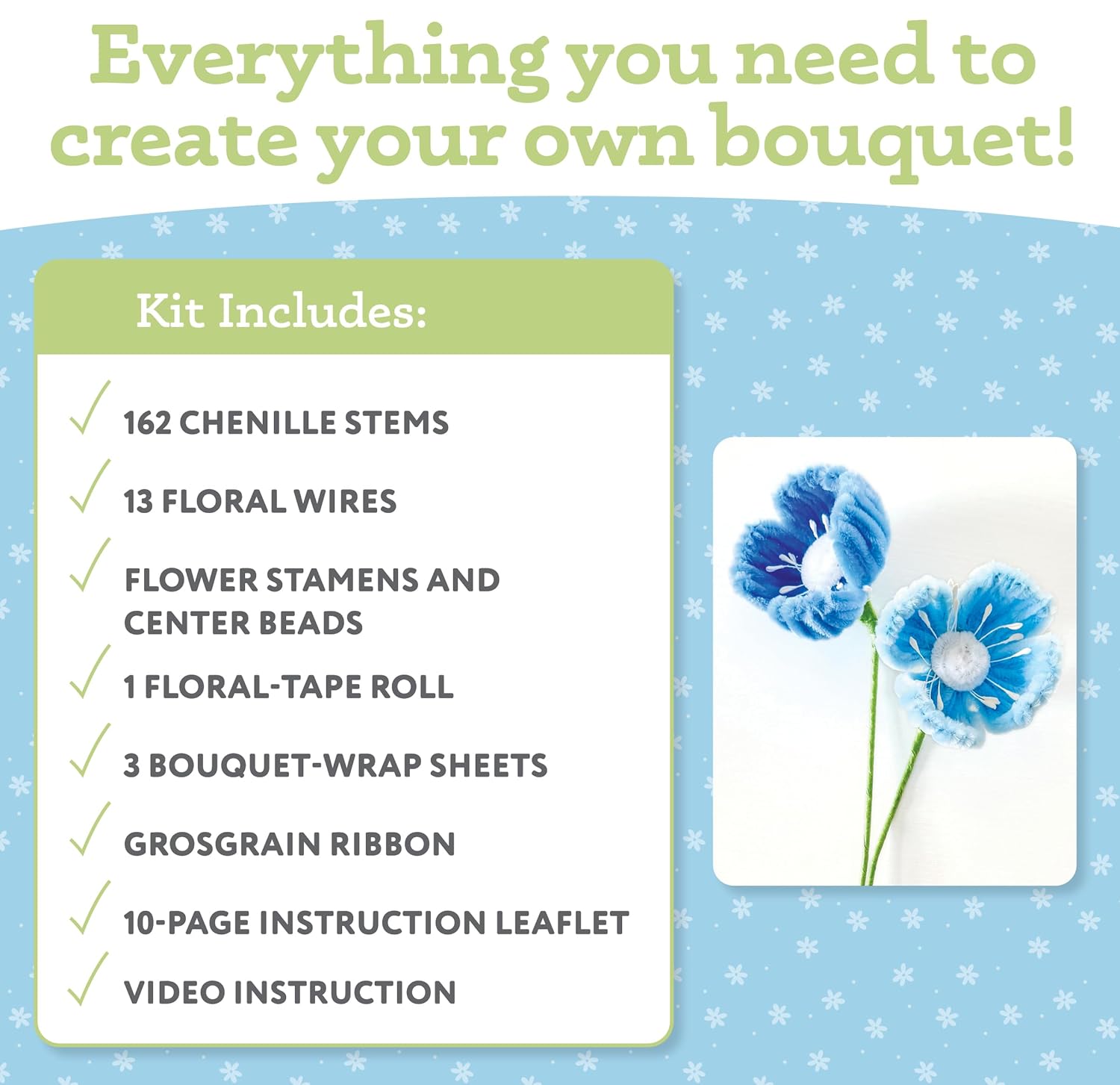 Bendable Blooms Chenille Stem Flower-Making Kit Botanical Blues: Everything You Need to Make a Beautiful Floral Bouquet: Over 140 Chenille Stems with ... Grosgrain Ribbon, and an Instruction Leaflet