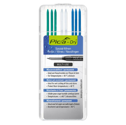 Pica Dry markeerstiften voor diepgaande gaten, permanent, blauw/wit/groen, waterstraalvast