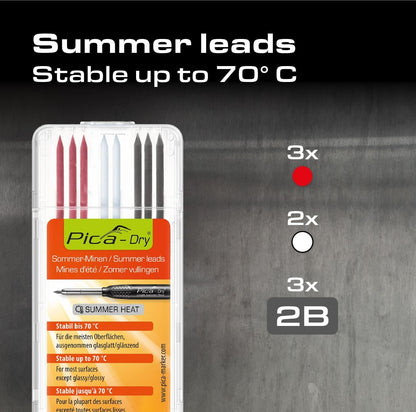 Pica 4070 I 8-delig speciaal reserve-minen set voor Pica Dry 3030 diepboormarker I zomermine I waterbestendig I stabiel tot 70°C I 3x grafiet 2B, 3x rood, 2x wit in stevige kunststofdoos