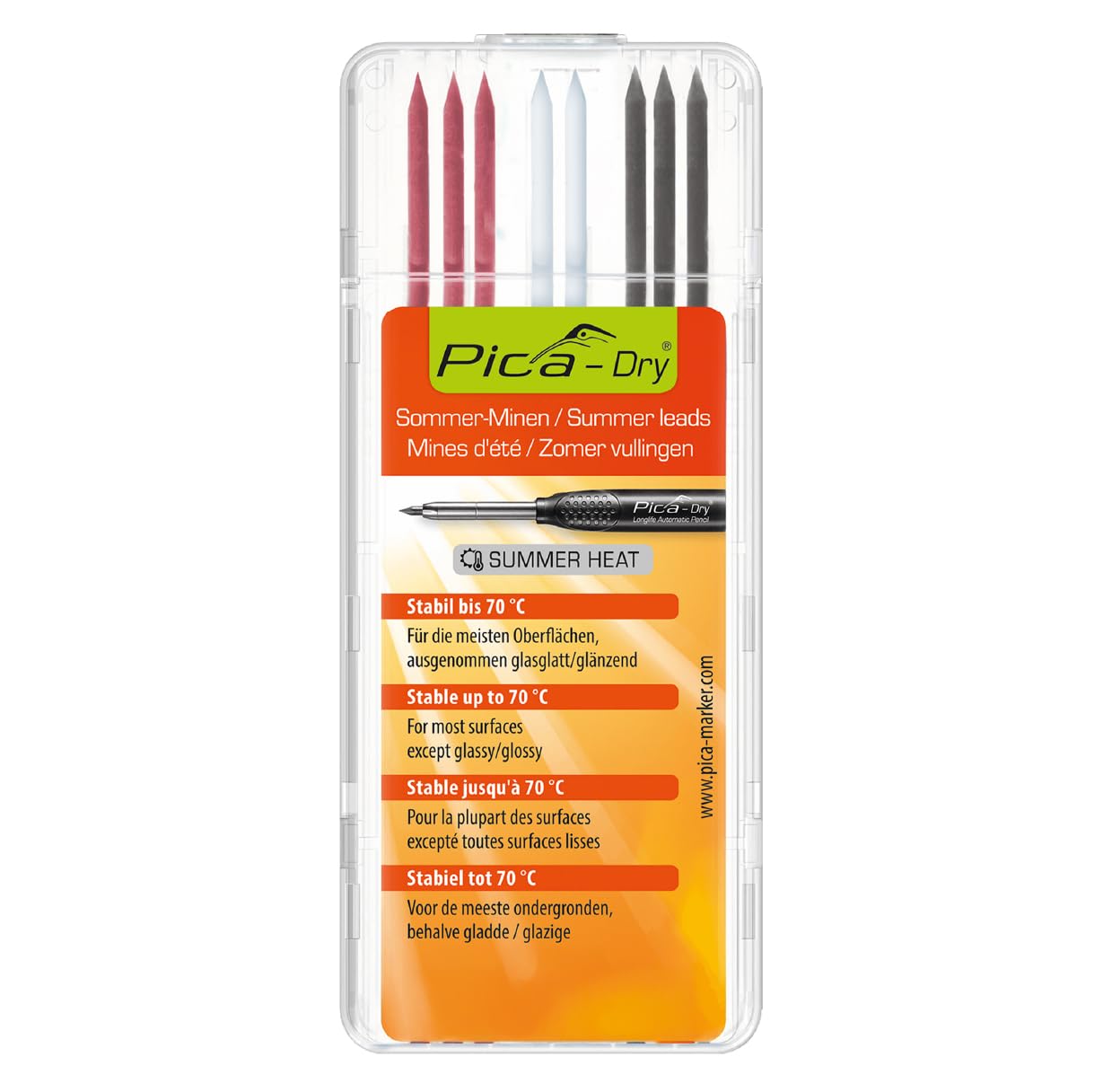 Pica 4070 I 8-delig speciaal reserve-minen set voor Pica Dry 3030 diepboormarker I zomermine I waterbestendig I stabiel tot 70°C I 3x grafiet 2B, 3x rood, 2x wit in stevige kunststofdoos