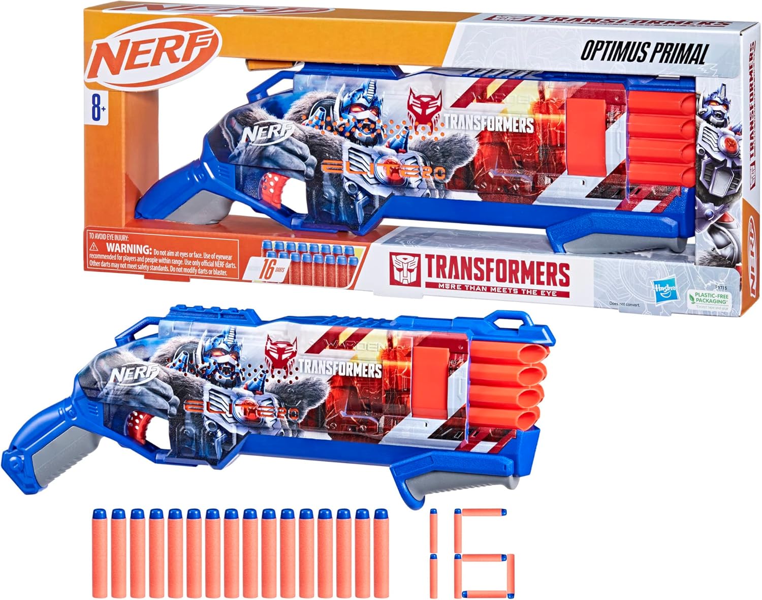Nerf Transformers Optimus Primal Dart Blaster, 16 Nerf Elite Darts, Gifts for 8 Year Old Boys & Girls & Up