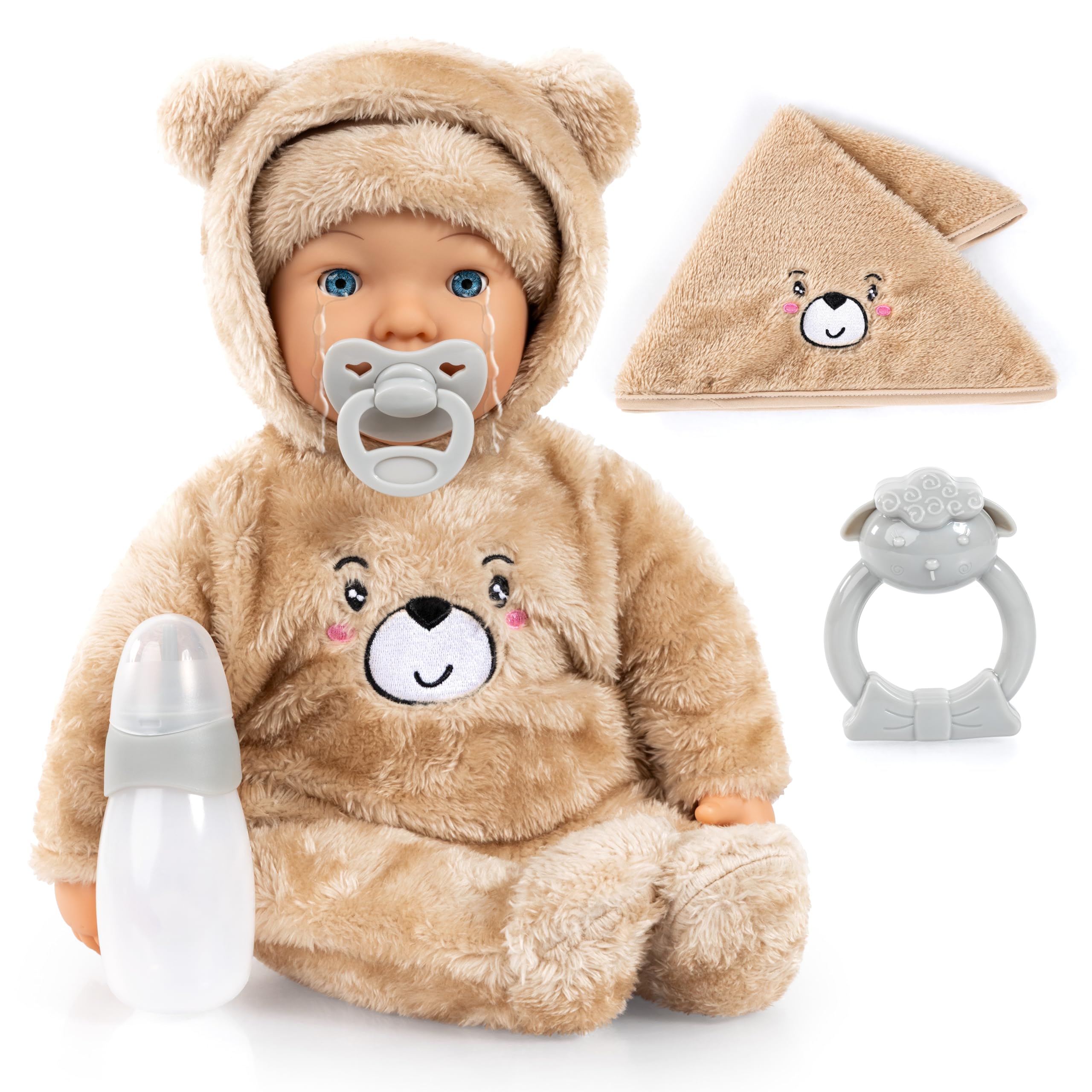 Bayer Design 94230AB Babypop, huilt echte tranen, met slaperige ogen, zacht lichaam, accessoires, 42 cm