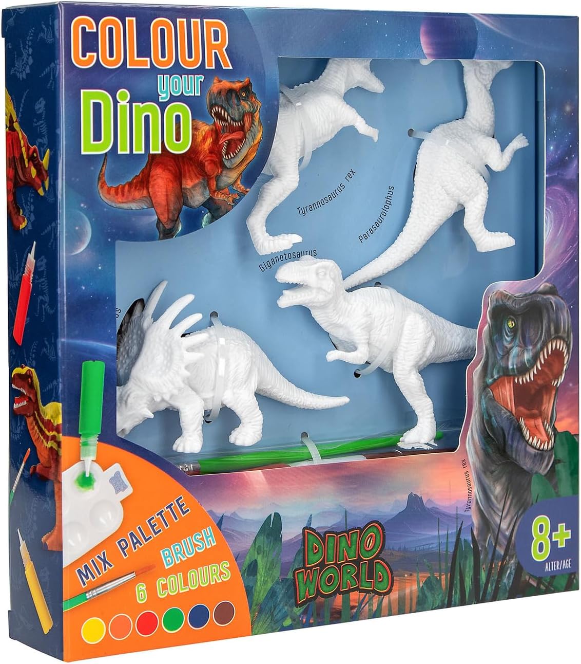 Depesche 12672 Dino World DIY Kleur je Dino - 4 dinosaurusfiguren om zelf te maken, set incl. acrylverf, penselen, palet en instructies