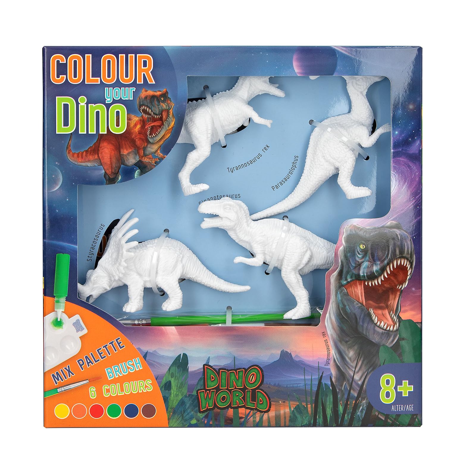 Depesche 12672 Dino World DIY Kleur je Dino - 4 dinosaurusfiguren om zelf te maken, set incl. acrylverf, penselen, palet en instructies