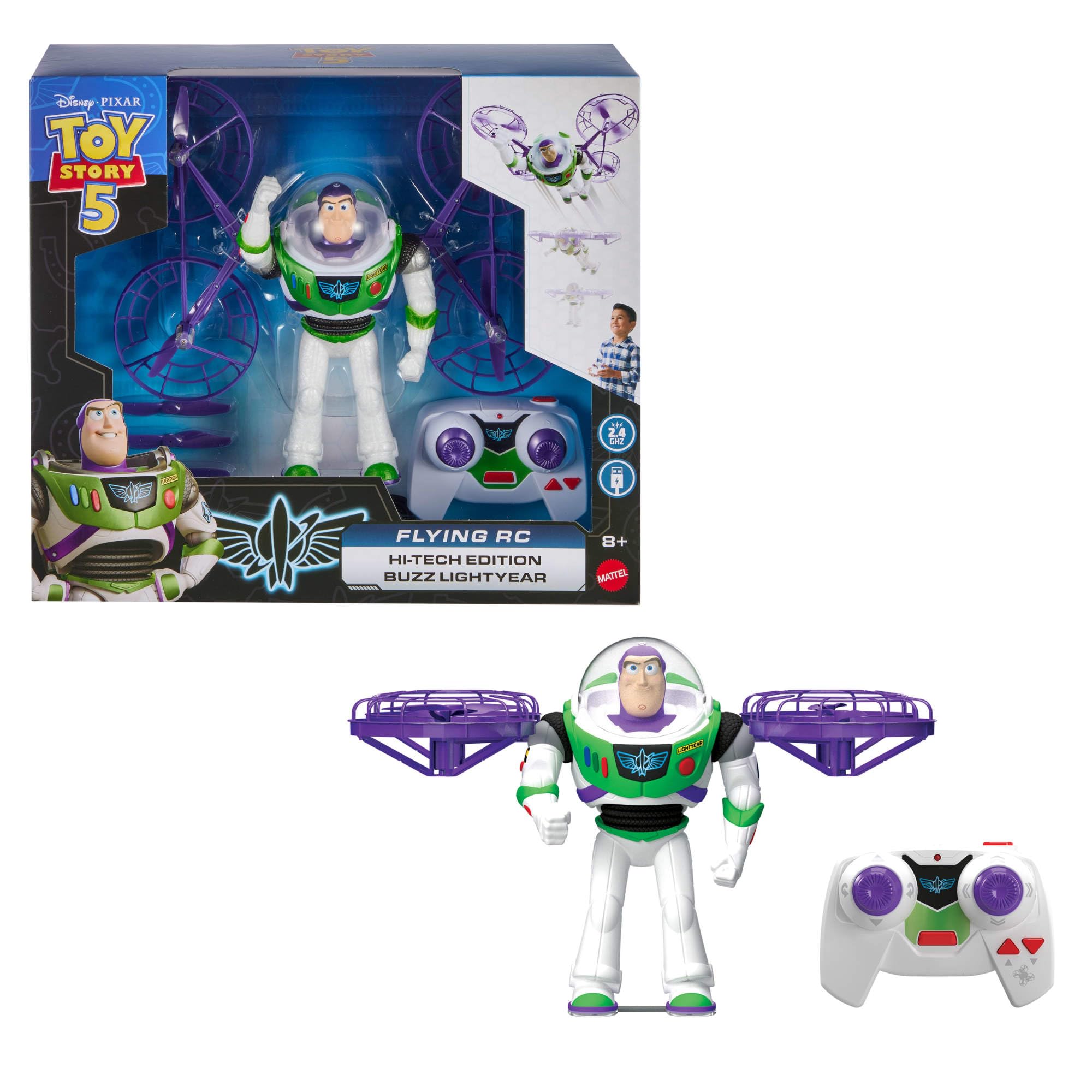 Mattel Disney and Pixar Toy Story 5 Flying RC, Hi-Tech Edition Buzz Lightyear Remote Controlled Electronic Split Wing Space Ranger, JKV53