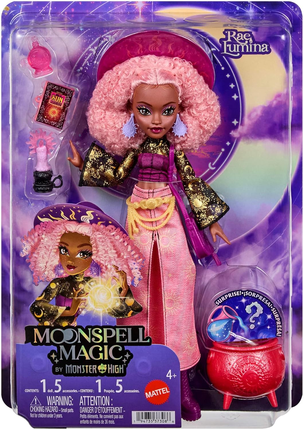 Monster High Doll, Moonspell Magic Rae Lumina The Sun Witch with Cauldron Surprise & Accessories like Candle & Spellbook, JMB91