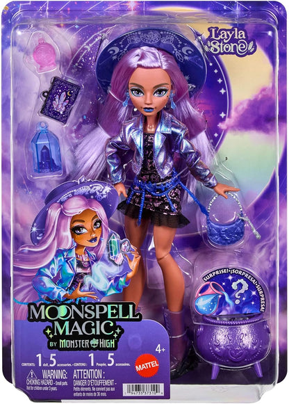 Monster High Doll, Moonspell Magic Layla Stone The Crystal Witch with Cauldron Surprise & Accessories like Potion Bottle & Spellbook, JMB90