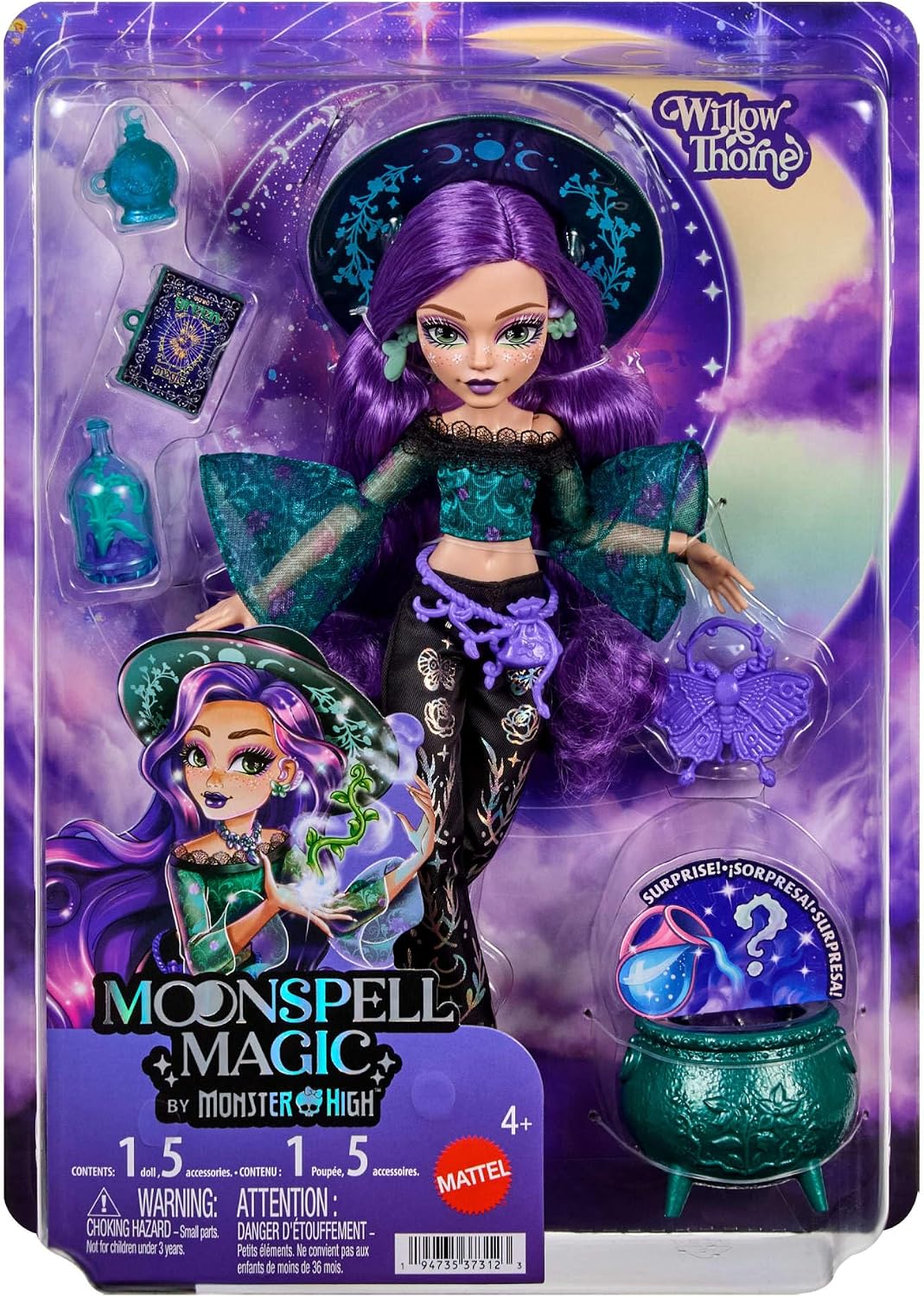 Monster High Doll, Moonspell Magic Willow Thorne The Nature Witch with Hearing Aid, Cauldron Surprise & Accessories like Herb Jar, JMB92