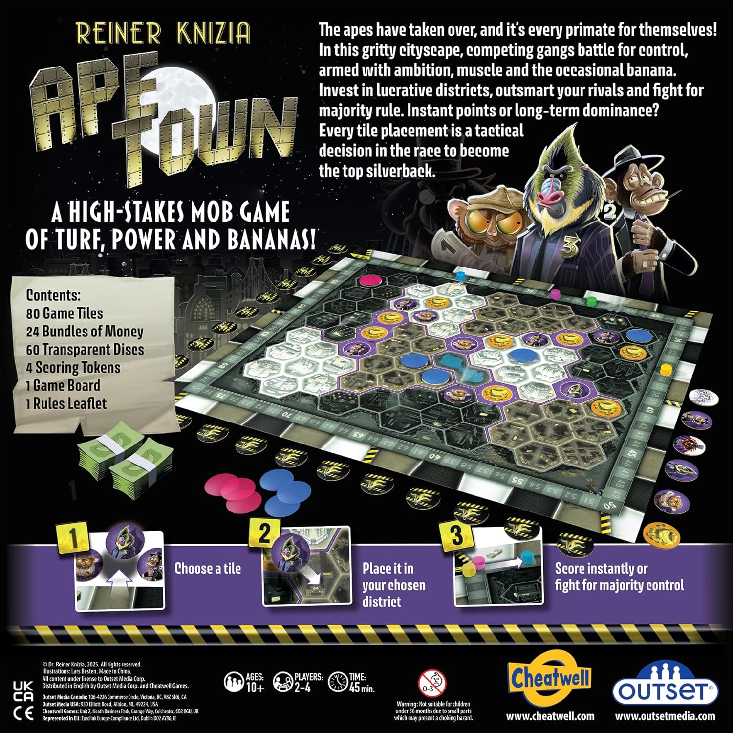 Ape Town by Reiner Knizia – for 2 to 4 Players Ages 10+ – Area Control Tile Laying Board Game