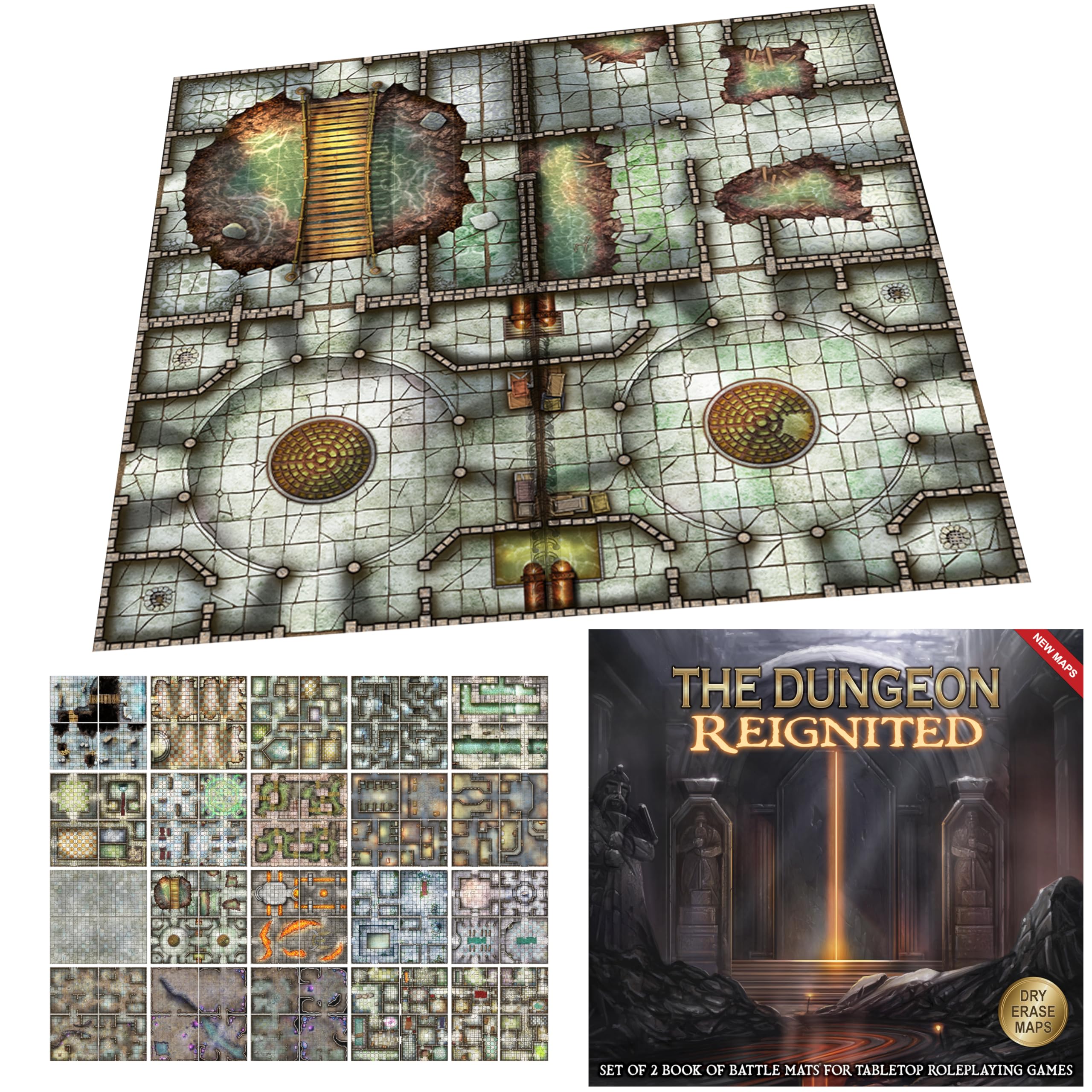 Loke BattleMats | The Dungeon Reignited Set Of 2 Books Of Battle Mats | RPG Accessory, Compatible with Tabletop Role Games, Erasable Cards, 2 Battle Mat Books | 1+ Players