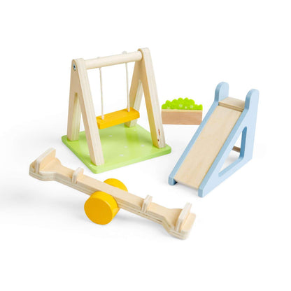 Bigjigs Toys Tuinset | Outdoor poppenhuismeubels | Miniatuur houten schommel, glijbaan en wip voor poppenhuizen voor kinderen | 4 stuks accessoirespakket voor poppenhuistuinen | Geschenken voor