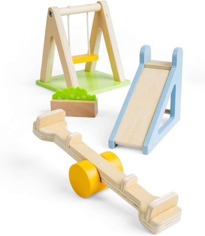 Bigjigs Toys Tuinset | Outdoor poppenhuismeubels | Miniatuur houten schommel, glijbaan en wip voor poppenhuizen voor kinderen | 4 stuks accessoirespakket voor poppenhuistuinen | Geschenken voor