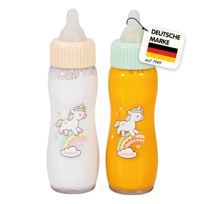 Heless 930 - Magische poppenfles set "Unicorn Henri", poppen accessoires incl. 2 flessen met truc melk en truc sap