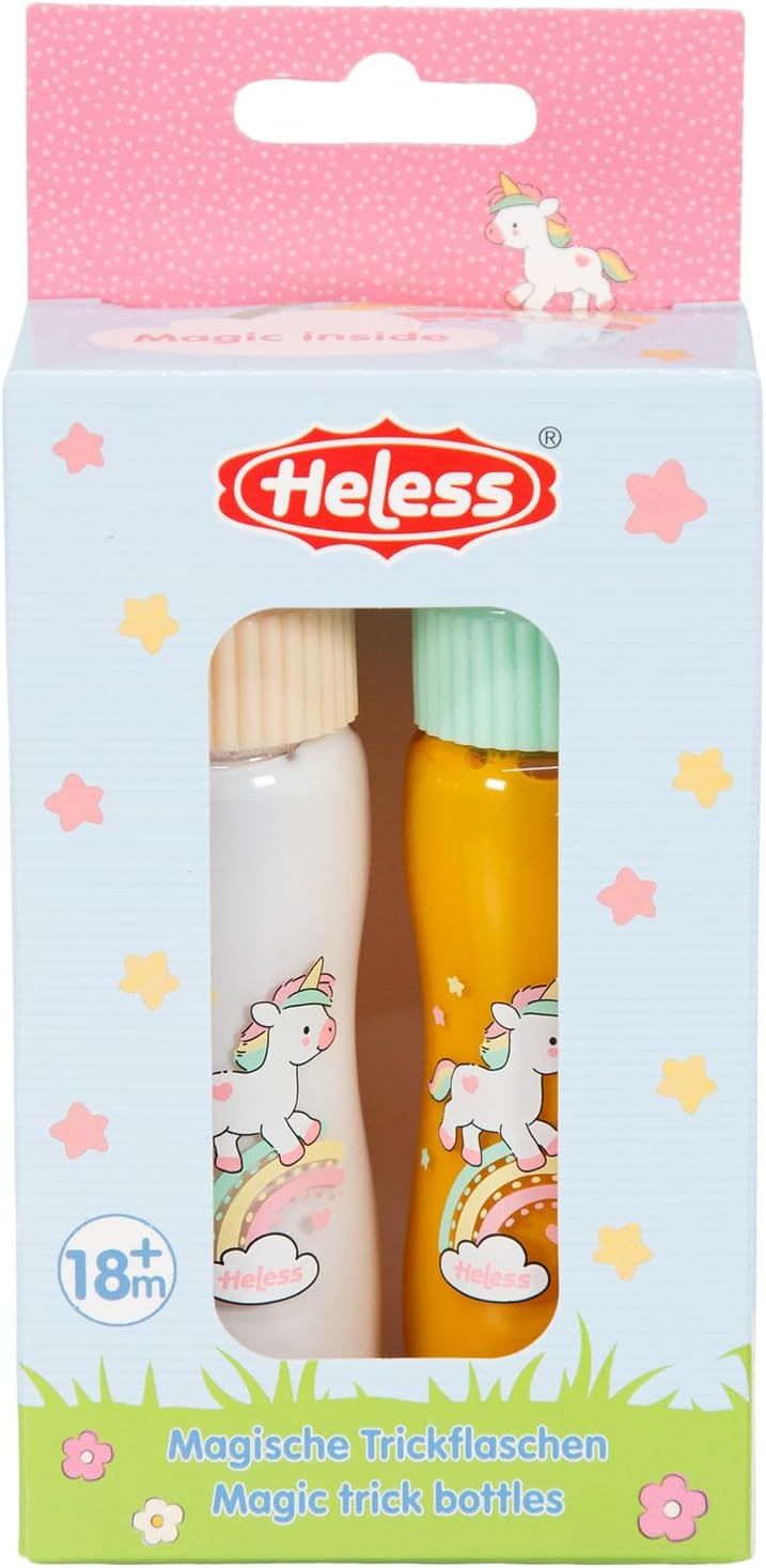 Heless 930 - Magische poppenfles set "Unicorn Henri", poppen accessoires incl. 2 flessen met truc melk en truc sap